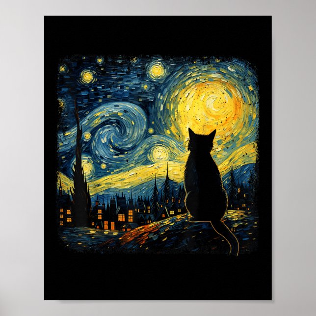 Affiche Chat Starry Nuit Van Gogh Chat pour Amoureux des c (Devant)