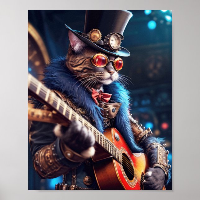 Affiche Chat Steampunk avec chapeau et lunettes, guitarist (Devant)