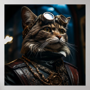 Affiche Chat Steampunk en Uniform Retro