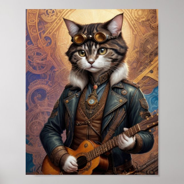Affiche Chat steampunk en veste de cuir, jouant de la guit (Devant)