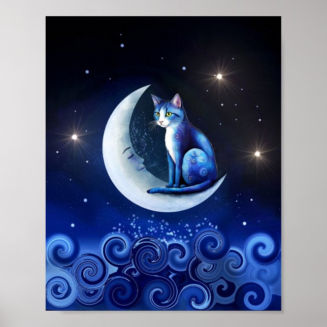 Affiche Chat sur Crescent Moon bleu Chat 773 (Devant)
