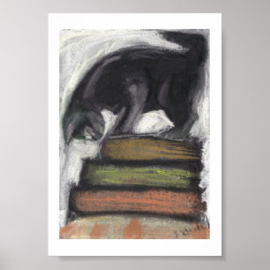 Affiche Chat sur des livres - copie de la peinture en