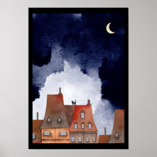 Affiche Chat sur les toits de Paris en Nuit Aquarelle
