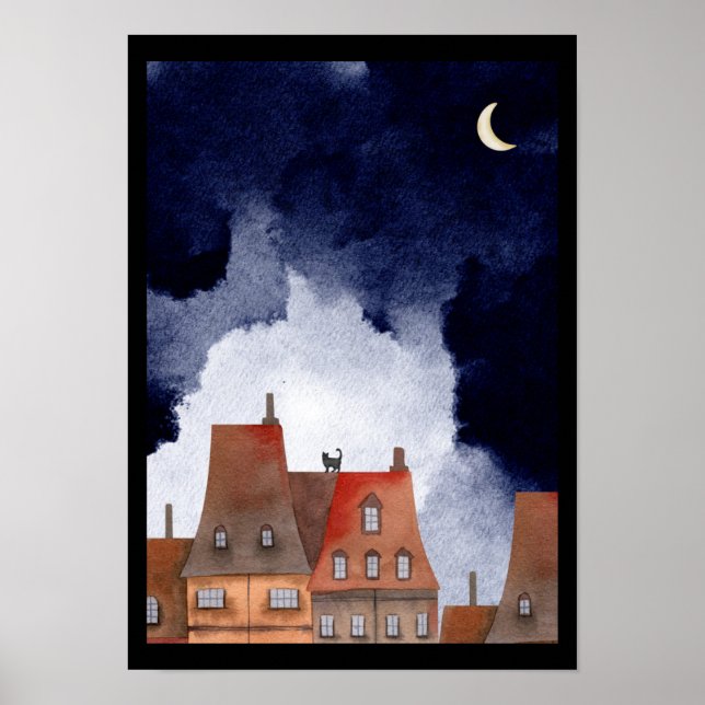Affiche Chat sur les toits de Paris en Nuit Aquarelle (Devant)