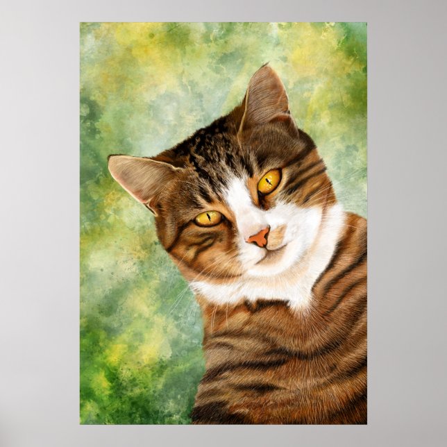 Affiche Chat sur un arbre dessin vert Jaune Brown (Devant)