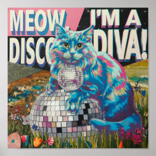 Affiche chat sur un diva disco boule de disco
