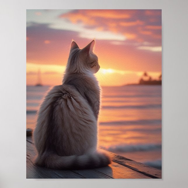 Affiche Chat sur un quai avec un coucher de soleil et un a (Devant)