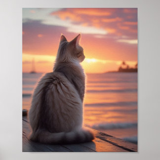 Affiche Chat sur une jetée avec un coucher de soleil et un