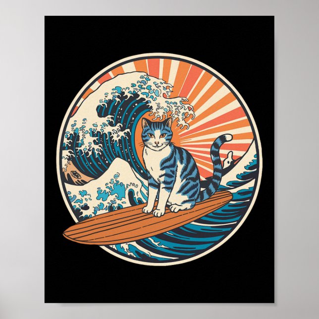 Affiche Chat Surfant Drôle Surfeur Planche de Surf  (Devant)