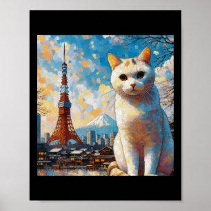 Affiche Chat surplombant la Tour de Tokyo avec le Mont Fuj