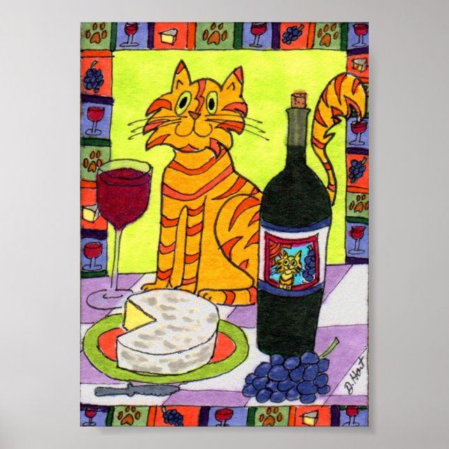 Affiche Chat Tabby Orange avec Vin et Fromage Mini Art pop (Devant)