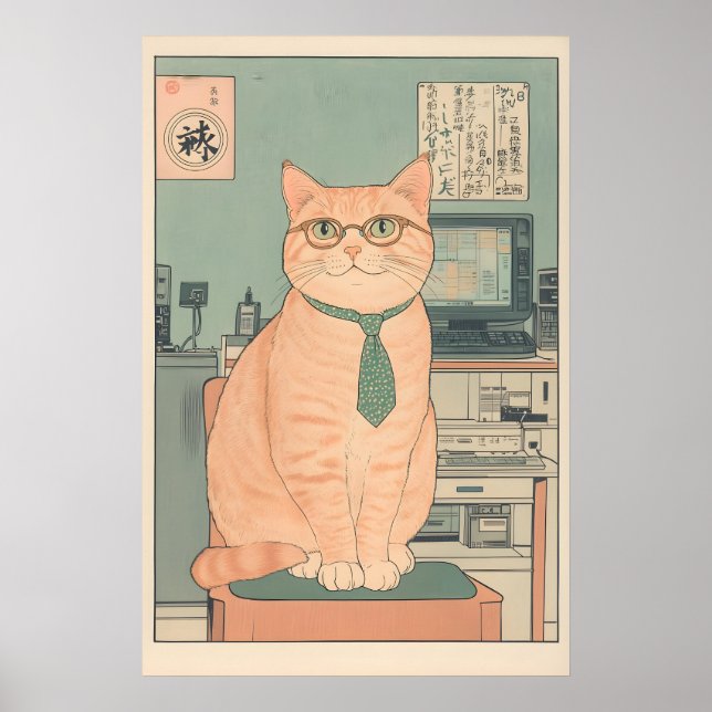 Affiche Chat Tabby Programmeur Ukiyo-e Art Geek Informatiq (Devant)