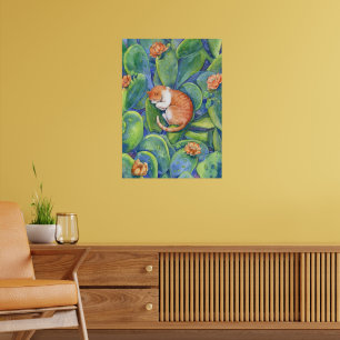 Affiche Chat Tabby Rouge Endormi Parmi l'Art de Cactus en