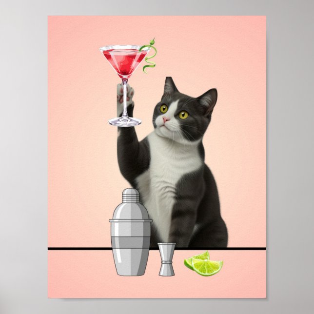 Affiche Chat tenant un Martini Rose sur Fond Rose Art (Devant)