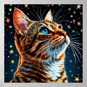Affiche Chat tigré aux yeux bleus contemple le ciel étoilé