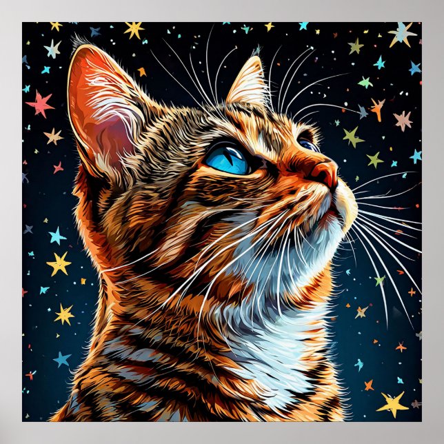 Affiche Chat tigré aux yeux bleus contemple le ciel étoilé (Devant)