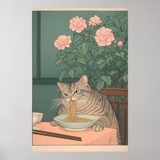 Affiche Chat tigré mangeant des nouilles - Estampe Ukiyo-e (Devant)