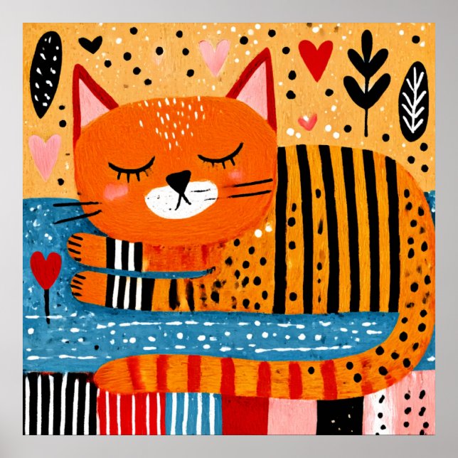 Affiche Chat tigré orange, dessin coloré, (Devant)