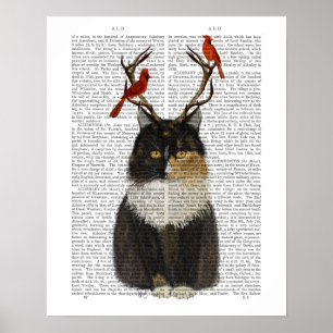 Affiche Chat Tortoiseshell avec Antlers et Red Birds