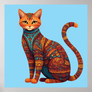 Affiche Chat tribal bohème coloré Art