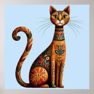Affiche Chat tribal boho mignon art folklorique avec des f