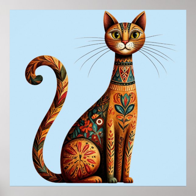 Affiche Chat tribal boho mignon art folklorique avec des f (Devant)