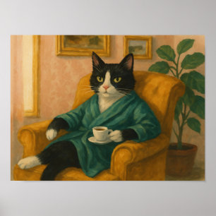 Affiche Chat Tuxedo Drôle en Robe de Chambre Buvant du Caf