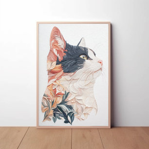 Affiche Chat Tuxedo élégant avec Motif Feuille - Papier Ar