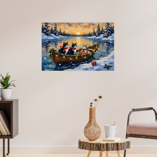 Affiche Chat Tuxedo Noël Bateau Fêtes