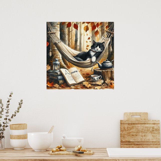 Affiche Chat Tuxedo noir et blanc Dreaming of Adventure (Cuisine)