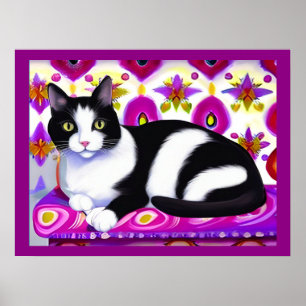 Affiche Chat Tuxedo noir et blanc sur un coussin