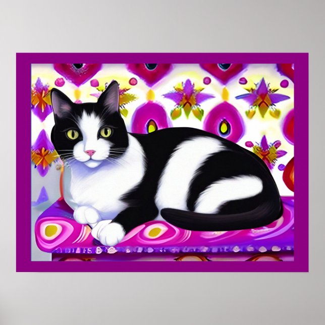Affiche Chat Tuxedo noir et blanc sur un coussin (Devant)