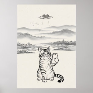 Affiche Chat UFO Minimaliste Chat Noir et Blanc