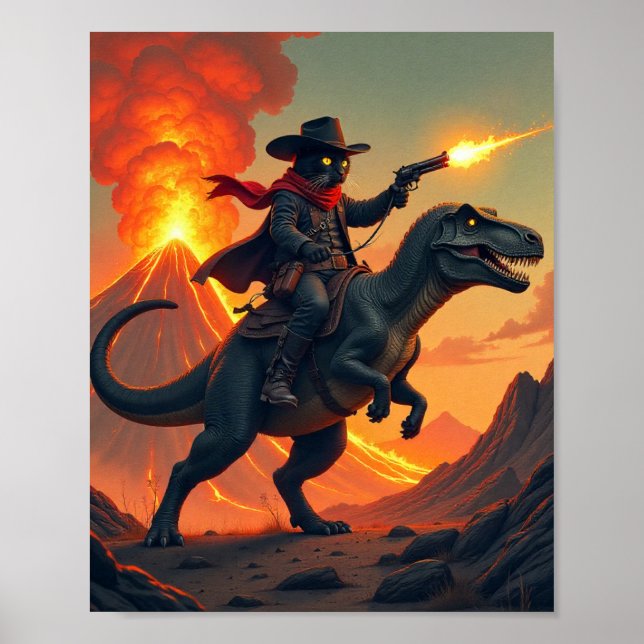 Affiche Chat Unique Cowboy Cavalant un Dinosaure | Chat Co (Devant)