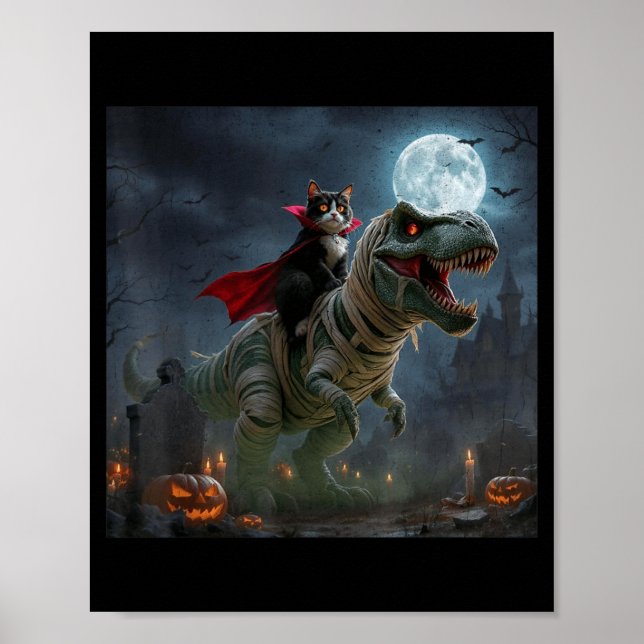 Affiche Chat Vampire Drôle qui Monte un T-Rex Halloween Mi (Devant)