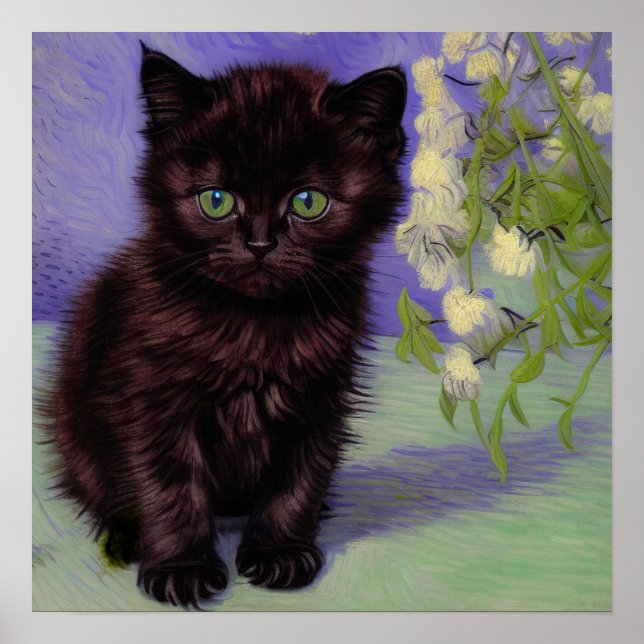 Affiche Chat Van Gogh avec fleurs blanches (Devant)