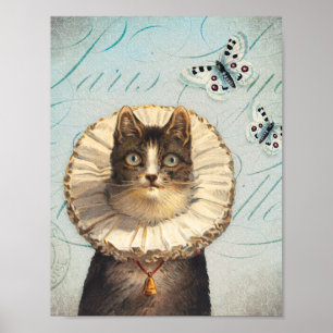 Affiche Chat vintage avec collier et papillons