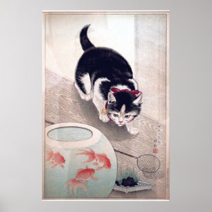 Affiche Chat vintage et Bowl de poisson d'or Art japonais