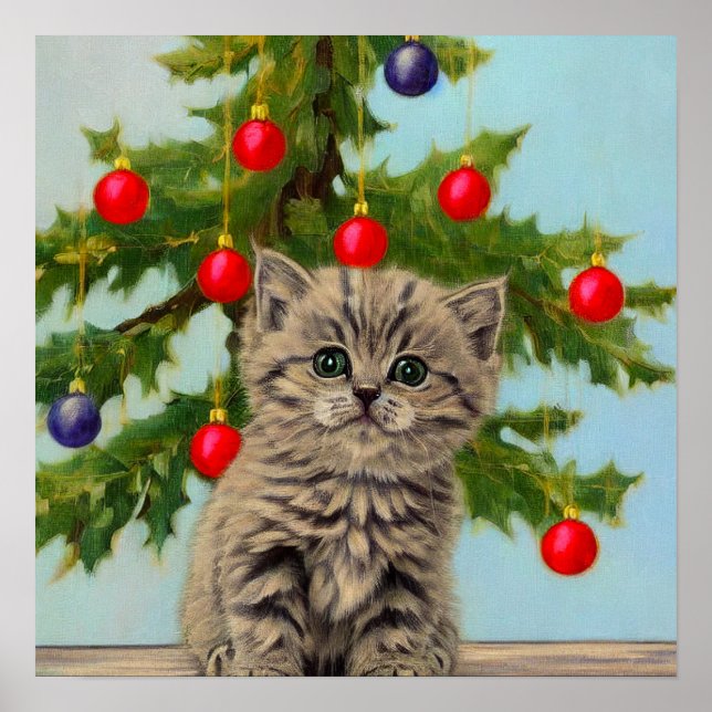 Affiche Chat vintage et sapin de Noël (Devant)