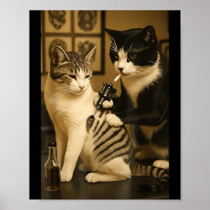 Affiche Chat Vintage Fumant Tatouage Encreuse Artiste Drôl