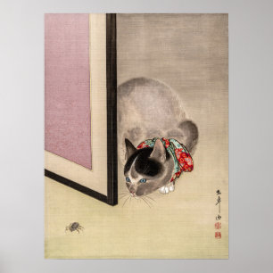 Affiche Chat vintage regarder une araignée art japonais