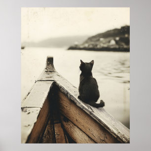 Affiche Chat Vintage sur Bateau Ton Sépia