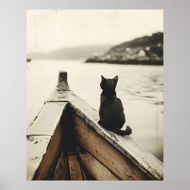 Affiche Chat Vintage sur Bateau Ton Sépia (Devant)