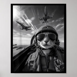 Affiche Chat Volant Selfie Drôle Pilote de Chasse Mème Réa