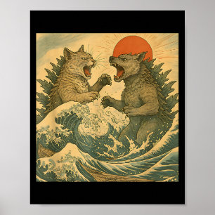 Affiche Chat Vs Kaiju Monster Chien De Style Ukiyo-e Japon