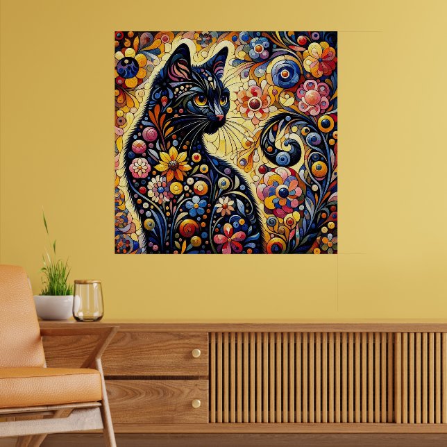 Affiche Chat Whimsical Noir Abstrait peinture florale Art (Salon 2)