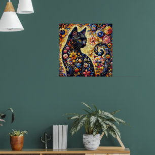 Affiche Chat Whimsical Noir Abstrait peinture florale Art