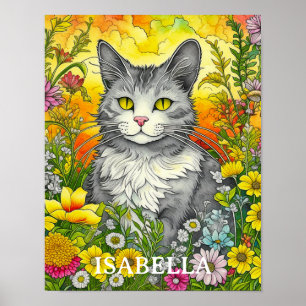 Affiche Chat Whimsical Personnalisé et Fleurs