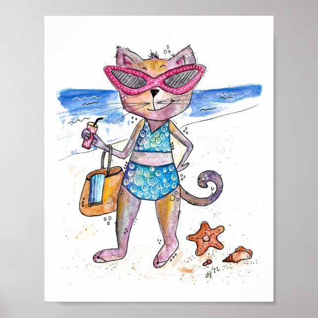 Affiche Chat Whimsical sur la plage (Devant)