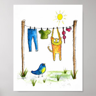 Affiche Chat Whimsical sur une ligne de linge